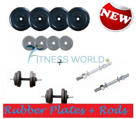 Rubber Dumbells 18 KG, Rubber Plates + Dumbells Rods for Home Use 